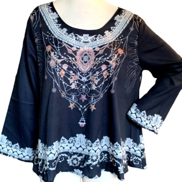 Tendency Black Swing Top Floral and Lace Print Sz XL #49L - Picture 2 of 7